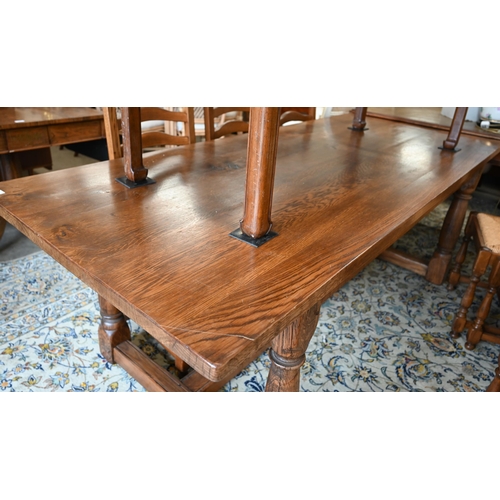 112 - An oak refectory dining table, jointed base with turned suports united by 'H' stretcher, 212 x 90 x ... 