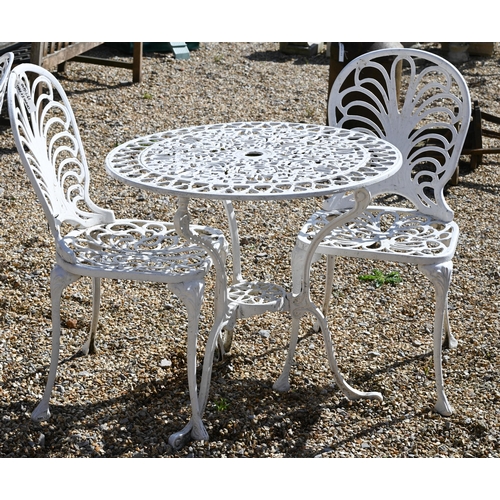 12 - A painted metal ciruclar terrace table 75 cm dia. x 70 cm high to/w pair of painted metal chairs