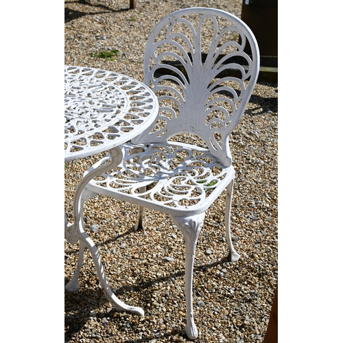 12 - A painted metal ciruclar terrace table 75 cm dia. x 70 cm high to/w pair of painted metal chairs