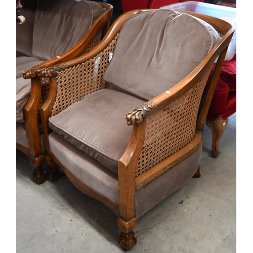 122 - An early 20th century Bergere lounge suite comprising settee, 125 x 80 x 80 cm and pair of armchairs... 