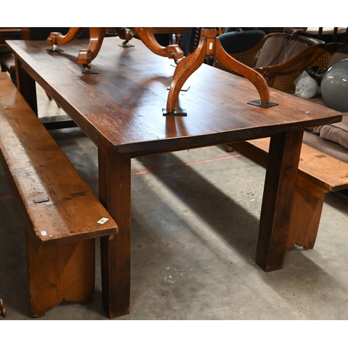 126 - # A provincial stained pine dining table on square legs, 214 x 90 x 77 cm high