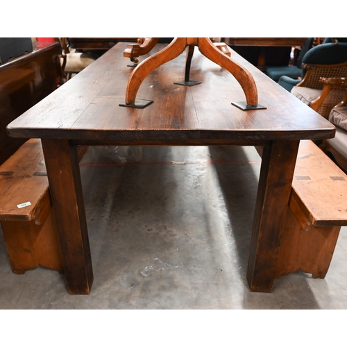 126 - # A provincial stained pine dining table on square legs, 214 x 90 x 77 cm high