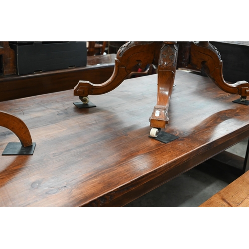 126 - # A provincial stained pine dining table on square legs, 214 x 90 x 77 cm high