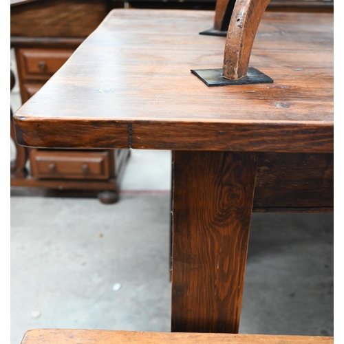 126 - # A provincial stained pine dining table on square legs, 214 x 90 x 77 cm high