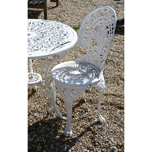 13 - A painted metal circular terrace table 70 cm dia. x 65 cm high to/w pair of painted metal chairs