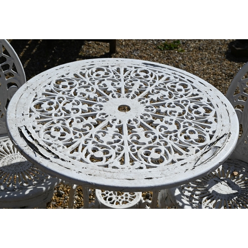 13 - A painted metal circular terrace table 70 cm dia. x 65 cm high to/w pair of painted metal chairs