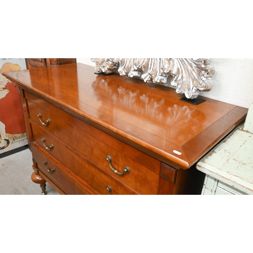 132 - A French cherrywood three-drawer commode chest on turned supports with brass casters, 120 x 54 x 92 ... 