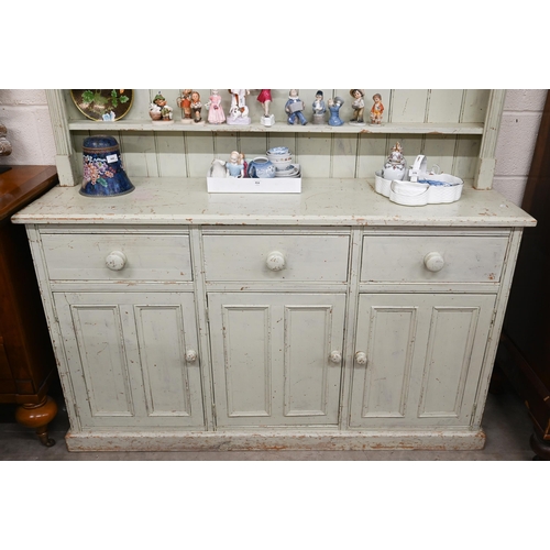 133 - Painted pine kitchen dresser, plate rack with three shelves on base with drawers and panelled cupboa... 