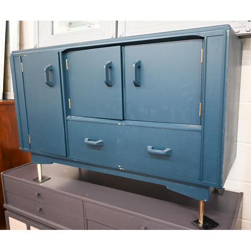 136 - # Mid-Century sideboard, midnight blue painted finish on brass legs, 122 x 45 x 80 cm high