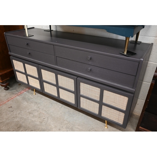 137 - Mid-Century sideboard, purple painted finish, four drawers over cane panelled doors on brass legs, 1... 