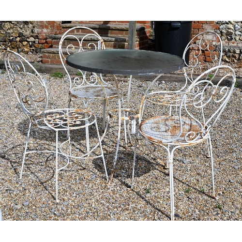 14 - A matched French bistro-terrace set comprising circular glass top table, 76 cm dia. x 73 cm and two ... 