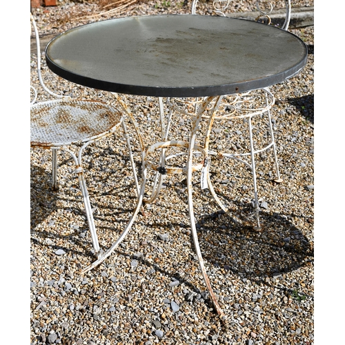 14 - A matched French bistro-terrace set comprising circular glass top table, 76 cm dia. x 73 cm and two ... 