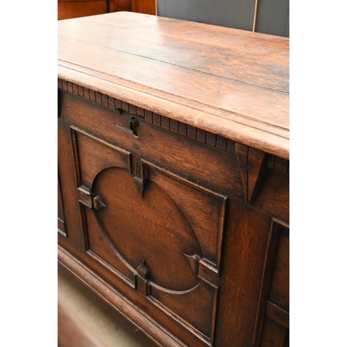 149 - Large antique oak coffer, panelled construction on bracket feet with hinged top, 146 x 62 x 72 cm hi... 