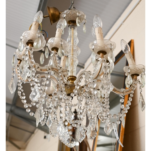 158 - A vintage French brass and glass six branch chandelier hung with faceted glass drops