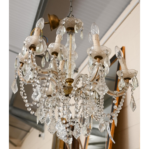 158 - A vintage French brass and glass six branch chandelier hung with faceted glass drops