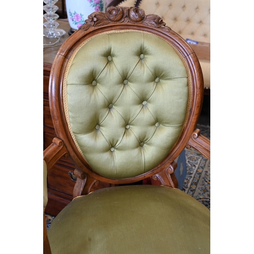 160 - Victorian mahogany framed open armchair, green buttonback upholstery