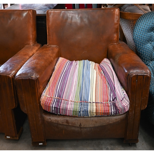 167 - Pair of Art Deco oak framed brown leather armchairs (non-matching seat cushions), 80 x 72 x 80 cm