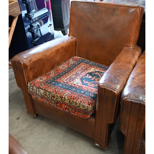 167 - Pair of Art Deco oak framed brown leather armchairs (non-matching seat cushions), 80 x 72 x 80 cm