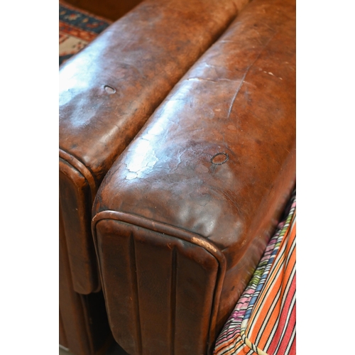 167 - Pair of Art Deco oak framed brown leather armchairs (non-matching seat cushions), 80 x 72 x 80 cm