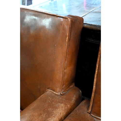 167 - Pair of Art Deco oak framed brown leather armchairs (non-matching seat cushions), 80 x 72 x 80 cm