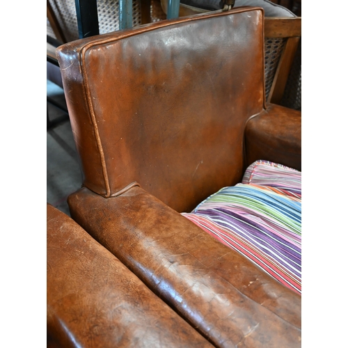 167 - Pair of Art Deco oak framed brown leather armchairs (non-matching seat cushions), 80 x 72 x 80 cm