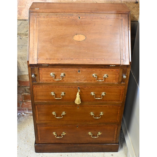 183 - An Edwardian inlaid walnut bureau with four drawers, 60 cm w x 40 cm d x 102 cm h