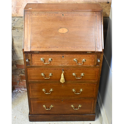 183 - An Edwardian inlaid walnut bureau with four drawers, 60 cm w x 40 cm d x 102 cm h