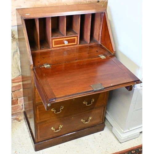 183 - An Edwardian inlaid walnut bureau with four drawers, 60 cm w x 40 cm d x 102 cm h