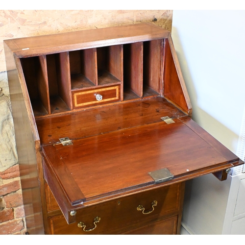 183 - An Edwardian inlaid walnut bureau with four drawers, 60 cm w x 40 cm d x 102 cm h