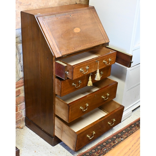 183 - An Edwardian inlaid walnut bureau with four drawers, 60 cm w x 40 cm d x 102 cm h