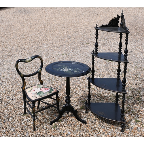 195 - A Victorian papier mache floral occasional table on ebonized tripod base to/w an ebonised and floral... 