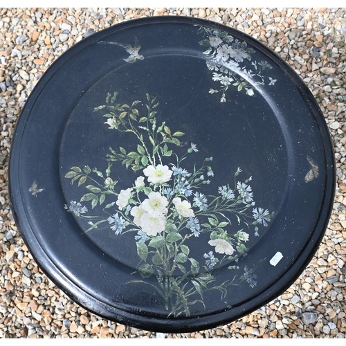 195 - A Victorian papier mache floral occasional table on ebonized tripod base to/w an ebonised and floral... 