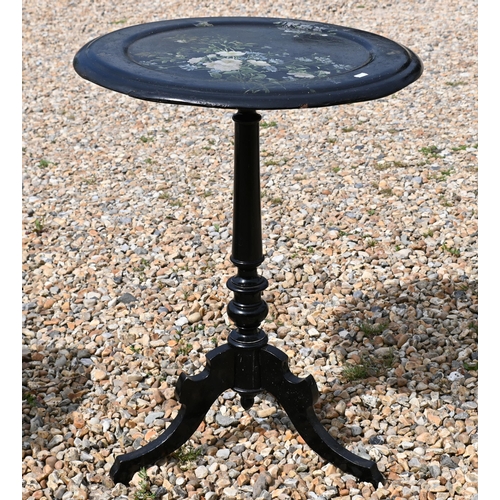 195 - A Victorian papier mache floral occasional table on ebonized tripod base to/w an ebonised and floral... 