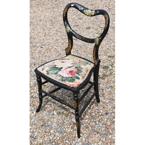 195 - A Victorian papier mache floral occasional table on ebonized tripod base to/w an ebonised and floral... 