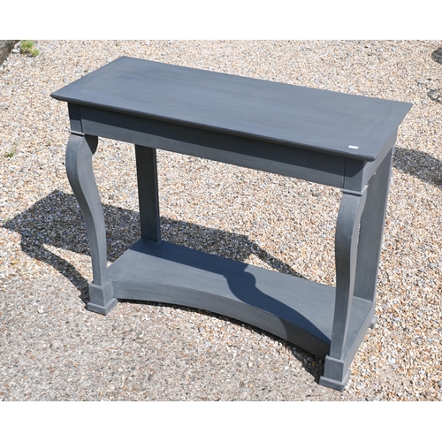 197 - A contemporary blue/grey painted console table with concave platform base, 100 cm x 40 cm x 82 cm h