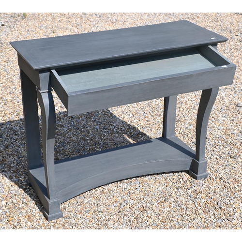 197 - A contemporary blue/grey painted console table with concave platform base, 100 cm x 40 cm x 82 cm h