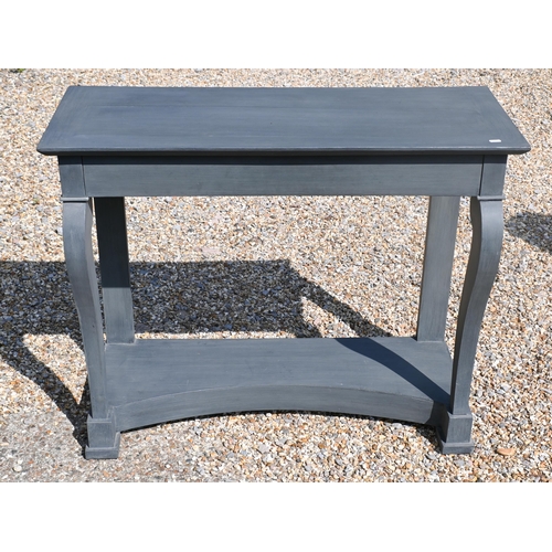 197 - A contemporary blue/grey painted console table with concave platform base, 100 cm x 40 cm x 82 cm h