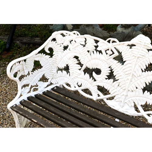 198 - A Coalbrookdale style cast iron fern design bench with teak slat seat, 146 cm