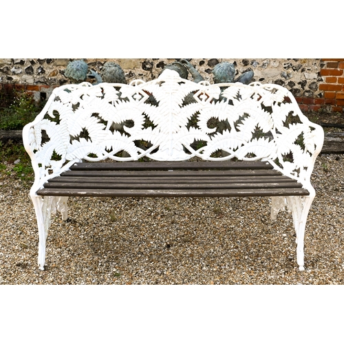 198 - A Coalbrookdale style cast iron fern design bench with teak slat seat, 146 cm