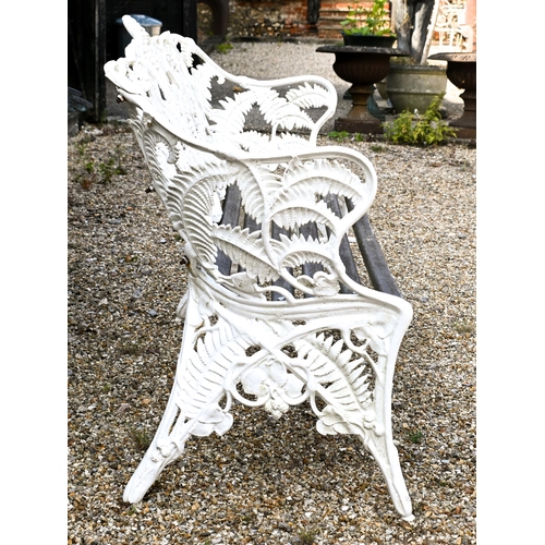 198 - A Coalbrookdale style cast iron fern design bench with teak slat seat, 146 cm