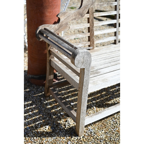 2 - A Lutyens design slatted teak three seater garden bench, 164 cm wide x 58 cm deep x 105 cm high