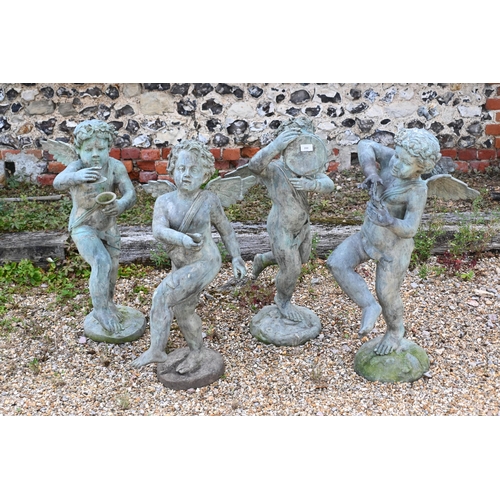 200 - A set of four contemporary Verdigris patinated  garden cherub sculptures, each 81 cm h (4)