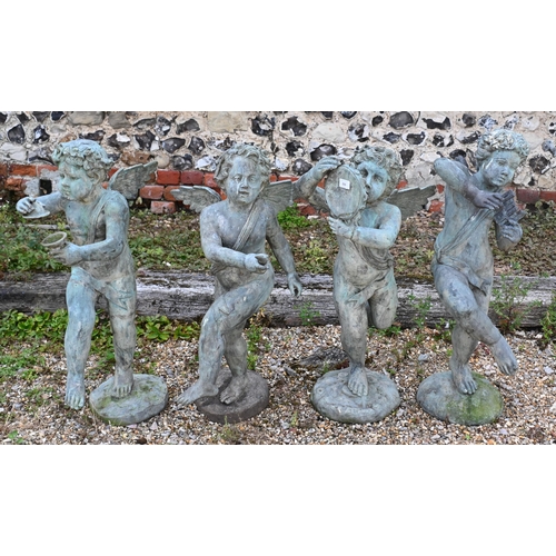 200 - A set of four contemporary Verdigris patinated  garden cherub sculptures, each 81 cm h (4)