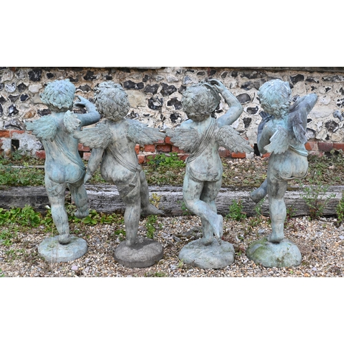 200 - A set of four contemporary Verdigris patinated  garden cherub sculptures, each 81 cm h (4)