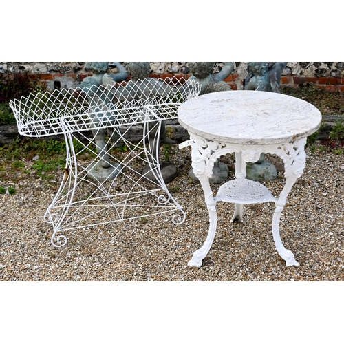 204 - A marble top cast iron 'Viking' table, 64 cm dia. x 74 cm h to/w a Victorian style wire plant stand ... 