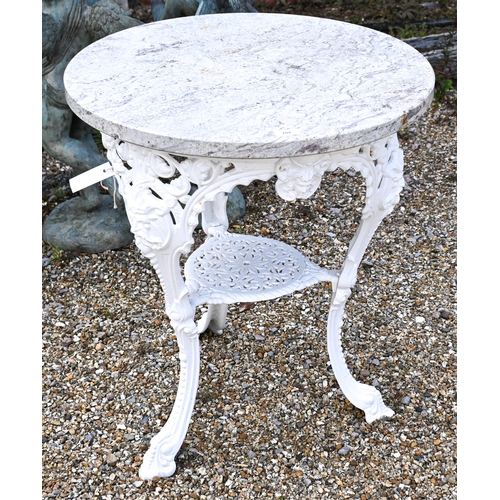 204 - A marble top cast iron 'Viking' table, 64 cm dia. x 74 cm h to/w a Victorian style wire plant stand ... 