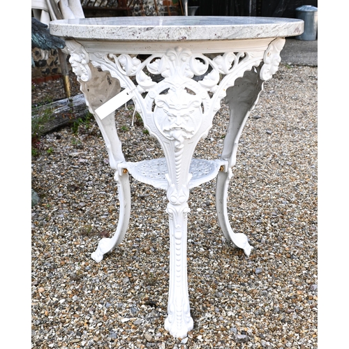 204 - A marble top cast iron 'Viking' table, 64 cm dia. x 74 cm h to/w a Victorian style wire plant stand ... 