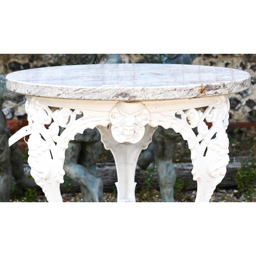 204 - A marble top cast iron 'Viking' table, 64 cm dia. x 74 cm h to/w a Victorian style wire plant stand ... 