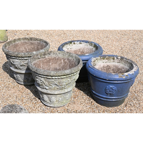 207 - Two pairs of stone composite garden urn planters, a/f, 54 cm and 50 cm h