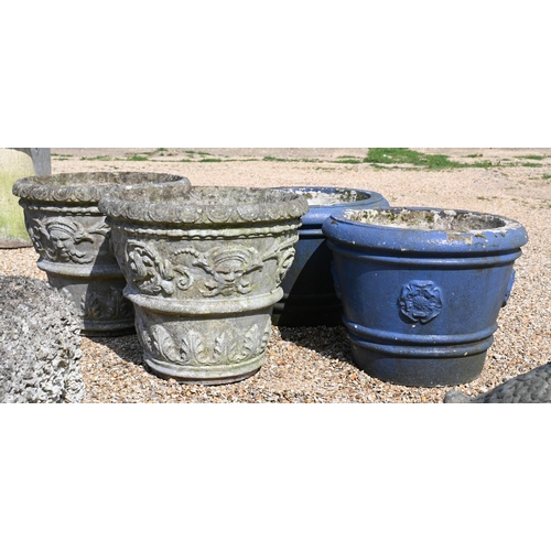 207 - Two pairs of stone composite garden urn planters, a/f, 54 cm and 50 cm h